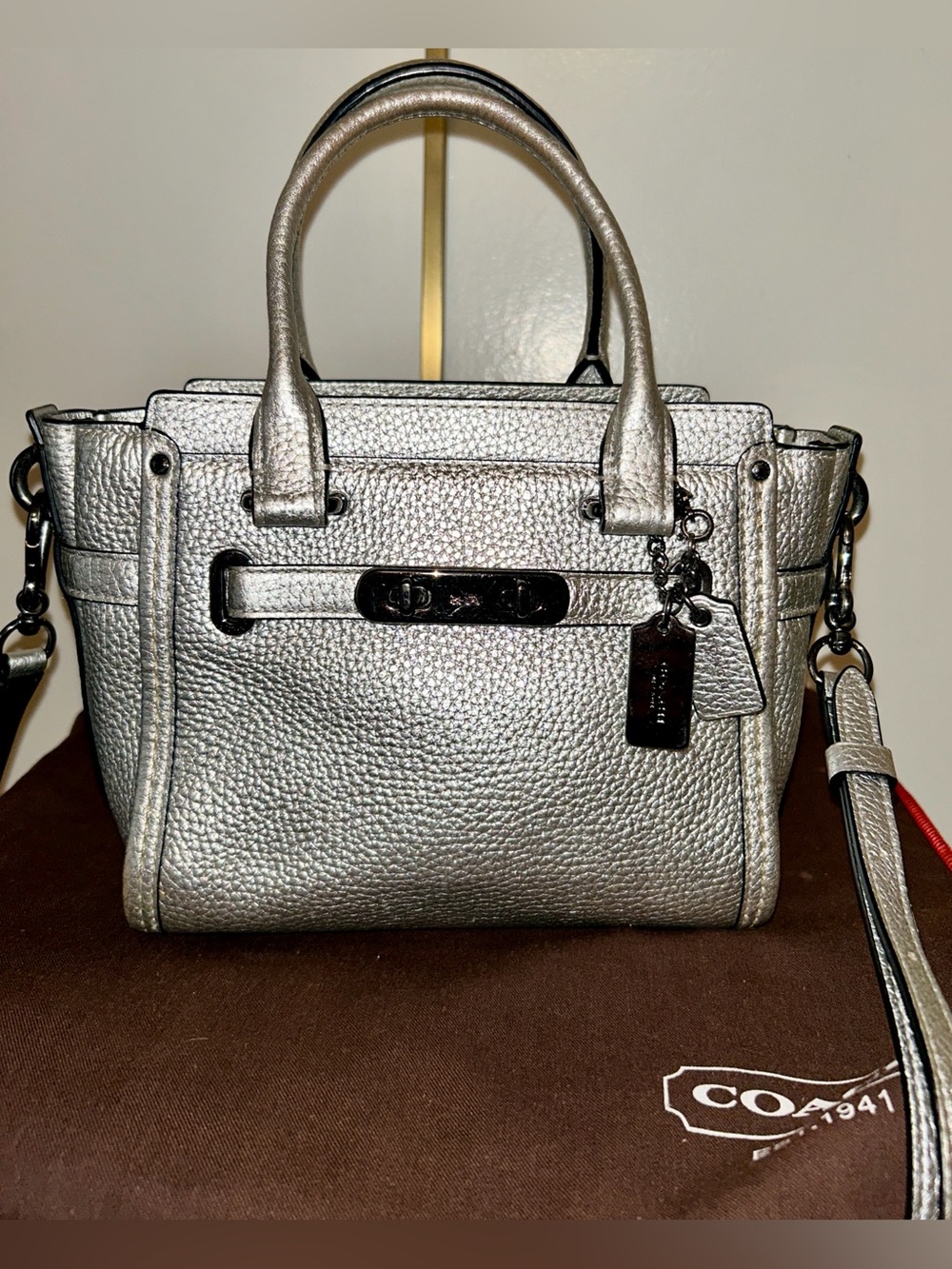 COACH Swagger Satchel 27 in Metallic Pebble Leather. With Crossbody Strap